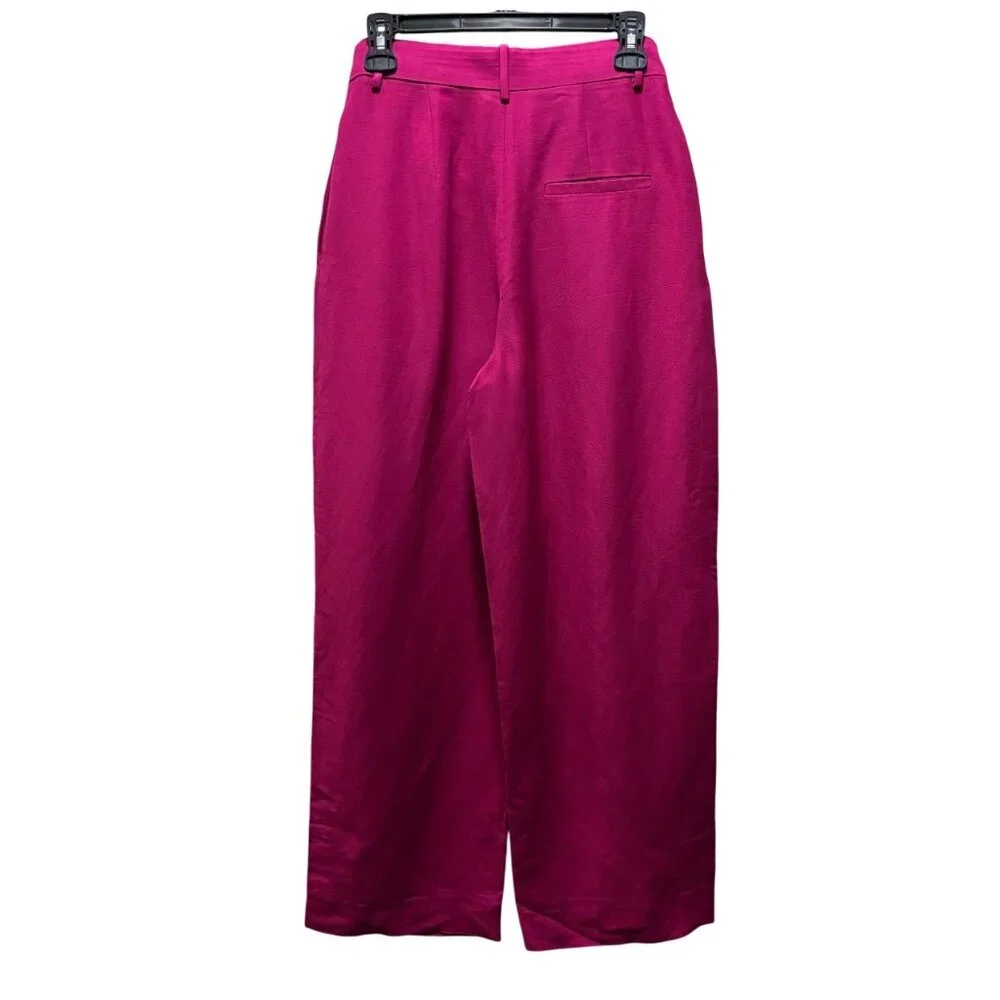 COS Womens Fuchsia Wide-Leg Pleated Linen-Blend Trousers Size 4